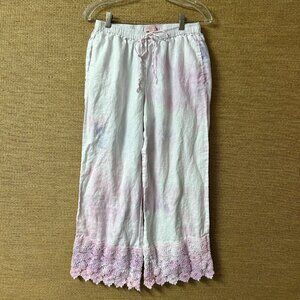 Saint Tropez West Pants Women Large Pink Tie Dye 100% Linen Crochet Lace Hem